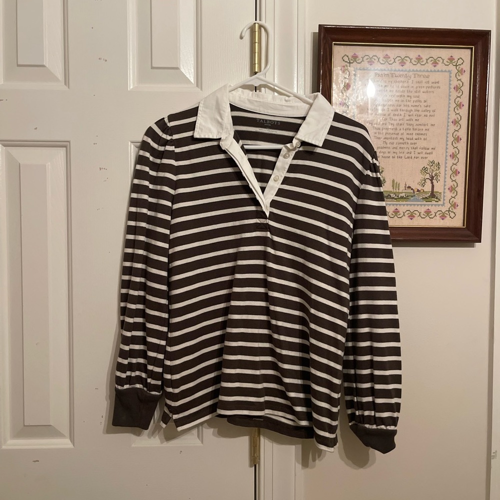 Talbots Striped Long Sleeve Polo Shirt Sz Petite Med